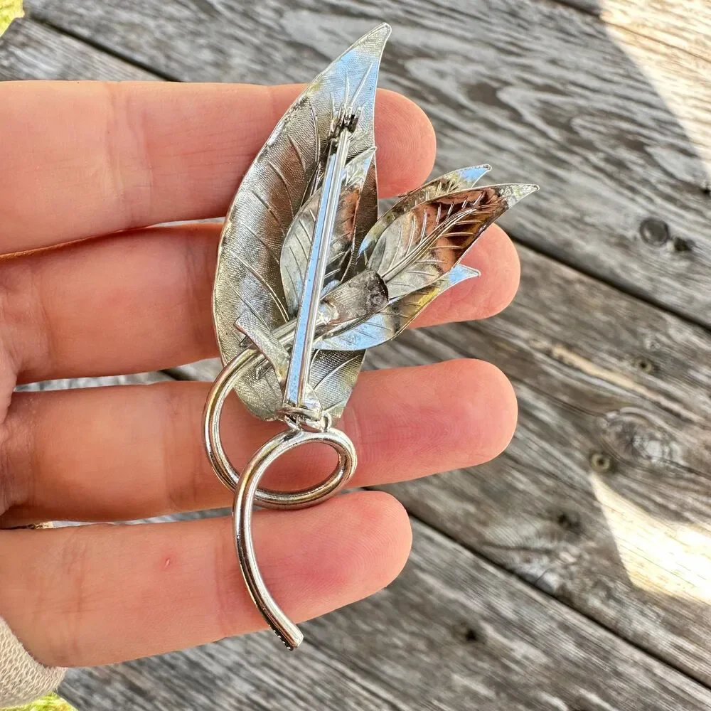 Vintage Multi Silver Tone Leaves Brooch Leaf Pin Fall Jewelry